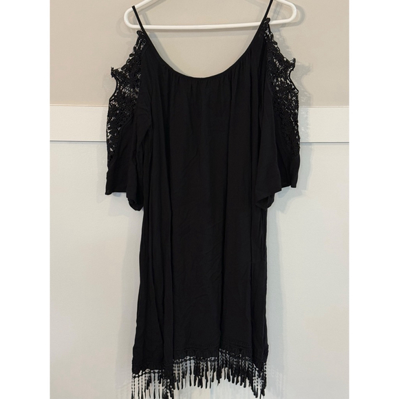 C Est. 1946 Dresses & Skirts - Black Lace Trim Dress Large Asymmetrical One Shoulder Flowy